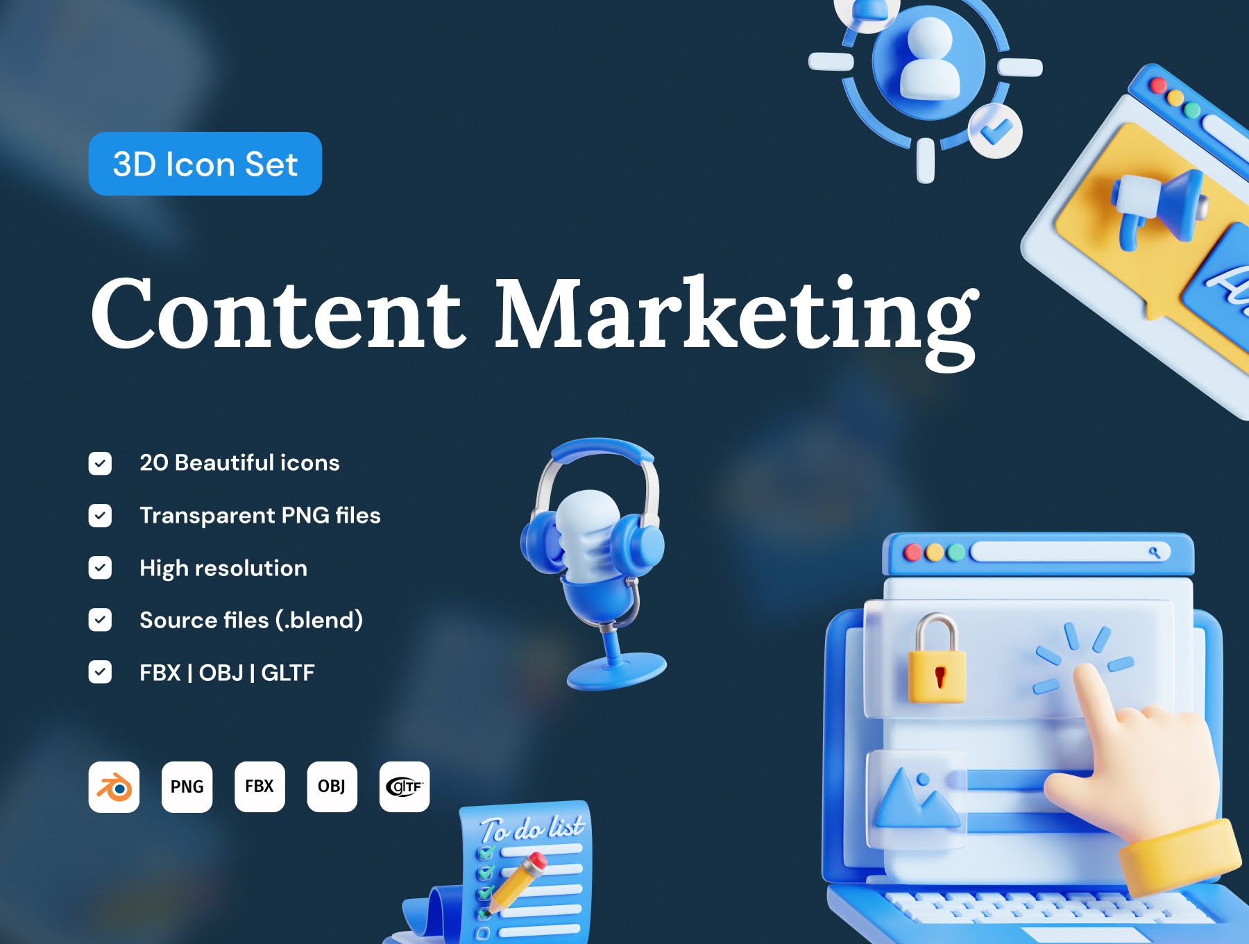 内容营销3D图标套装 Content Marketing 3D Icon Set fbx, obj, gltf, blender格式-3D/图标-到位啦UI
